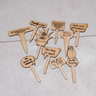 Funny Plant Stakes - Made from Sustainable Timber - 10 Pack - Unicorn Fart Productions